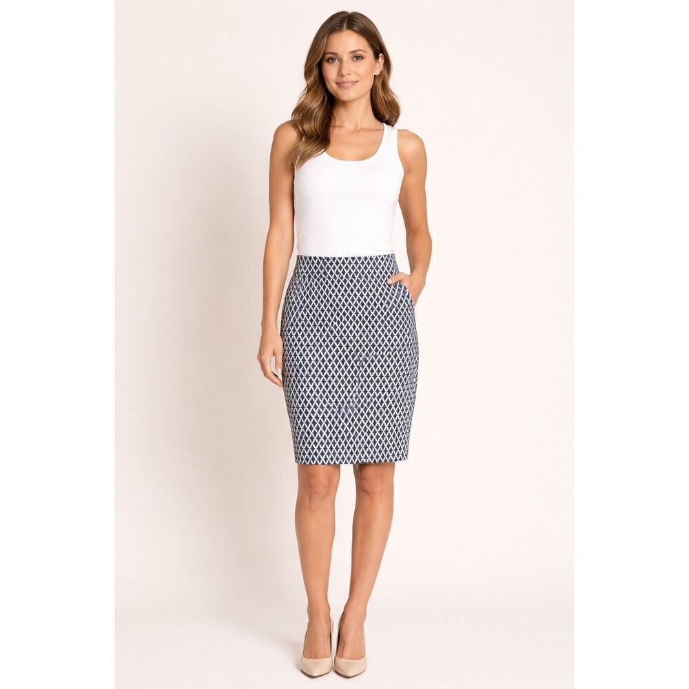 Margaret M Navy White Diamond Pencil Skirt Pull On Size Small